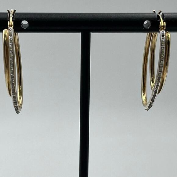 SLC Designer Sterling Silver Vermeil Pave Double Hoop Pierced Earrings - Picture 1 of 15